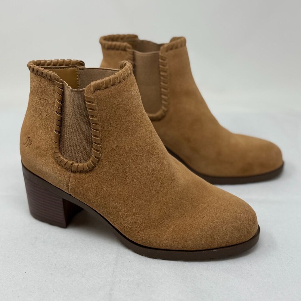 Jack Rogers Boots Womens Size 7.5 Poppy Tan Suede Ankle Booties Block Heel Trim - Picture 2 of 10